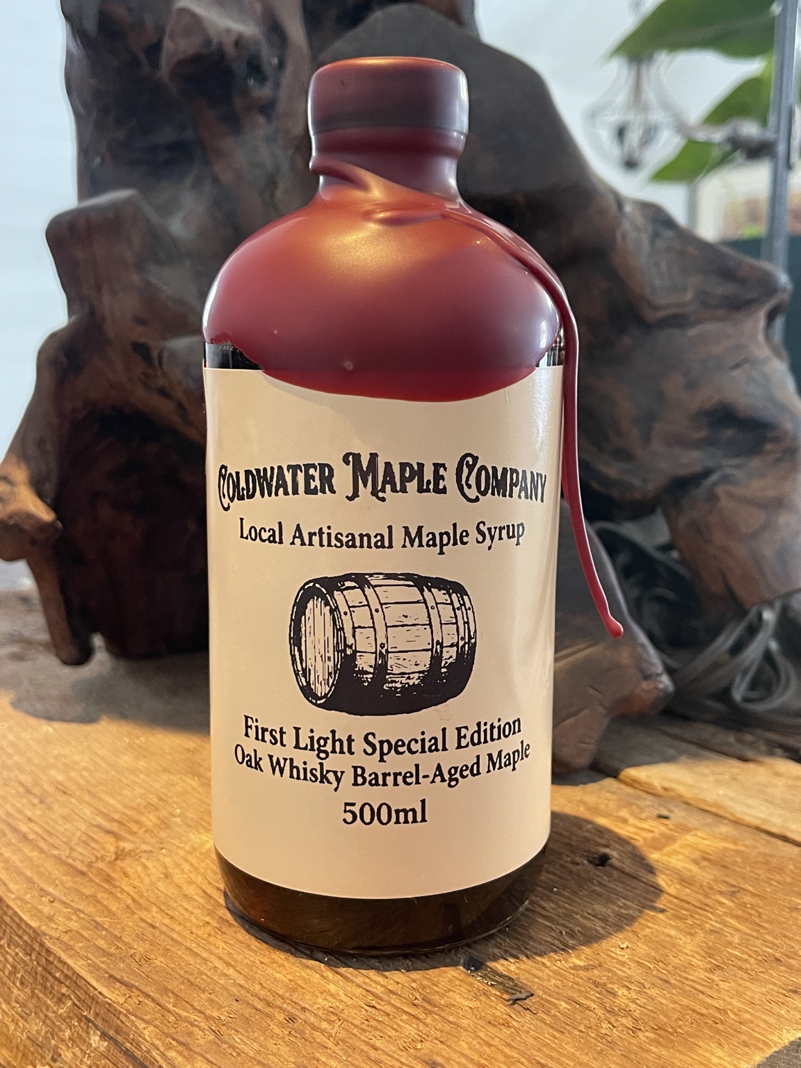 Oak Whisky Barrel-Aged Maple syrup bottle